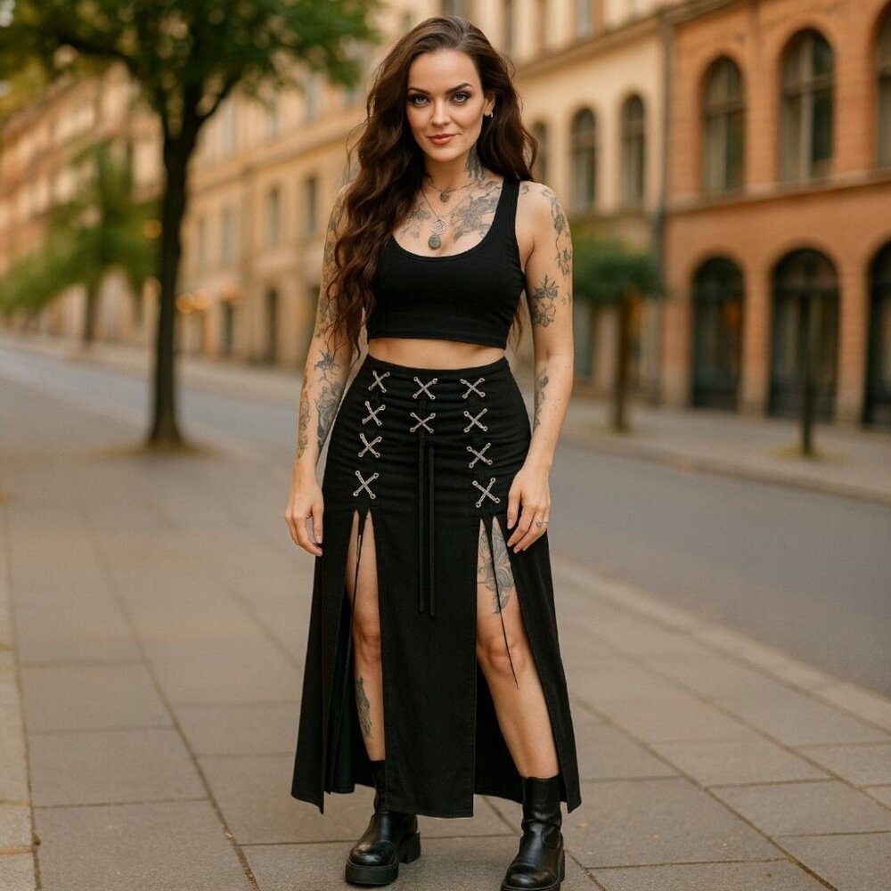 Oh Yes ✦ Lace‑Up High Waist Slit Skirt ✦ Black Bodycon Gothic Streetwear Edge M
